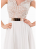 Ivory Chiffon Beaded Cap Sleeves Queen Anne Neckline Knee Length Prom Dresses